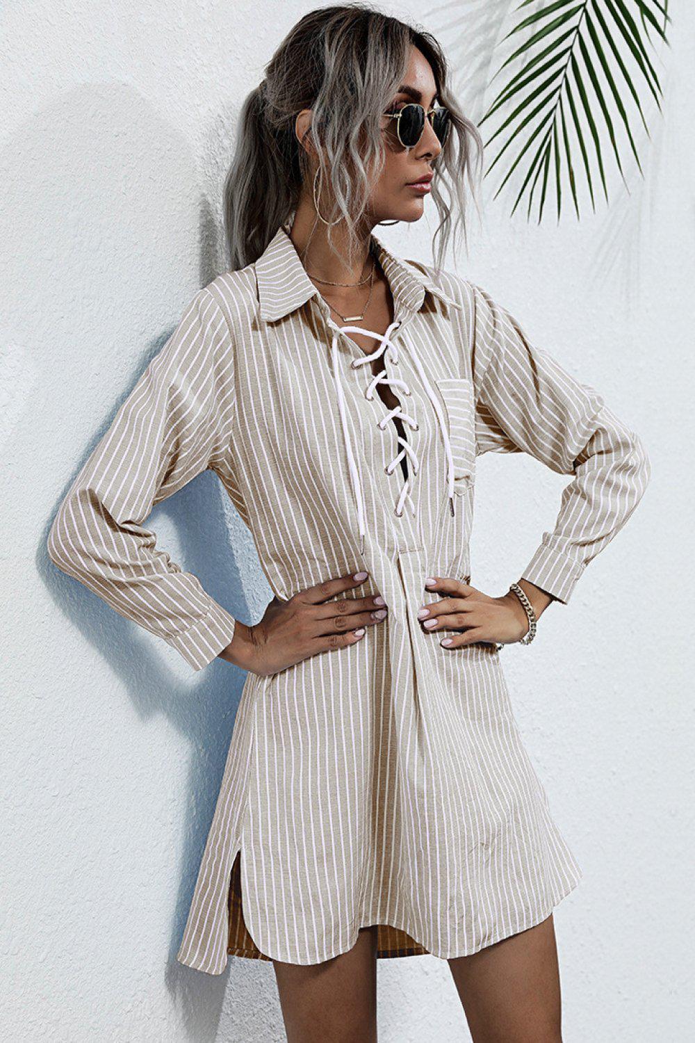 Lace Up Collar Shirt Dress BLUE ZONE PLANET