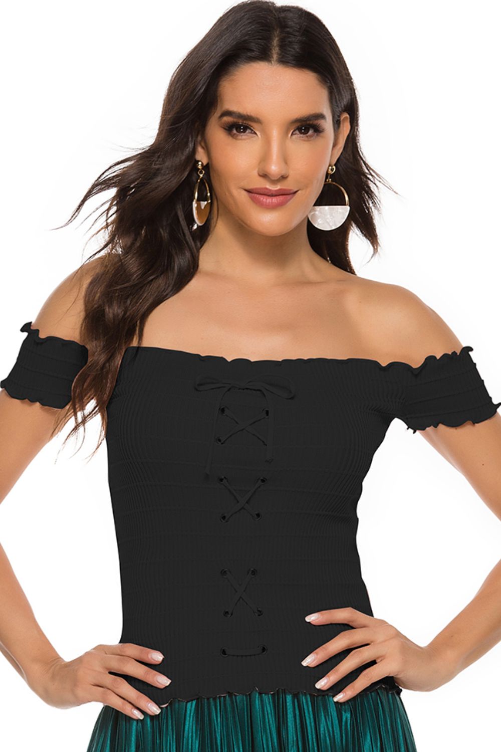 Lace-Up Front Lettuce Hem Off-Shoulder Knit Top BLUE ZONE PLANET