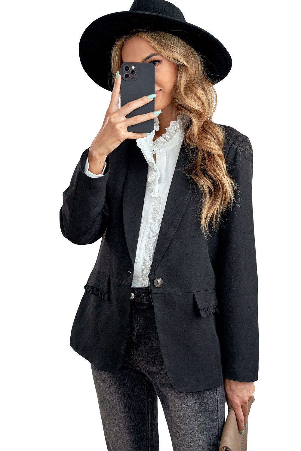 Lapel Collar Button Pocket Blazer BLUE ZONE PLANET