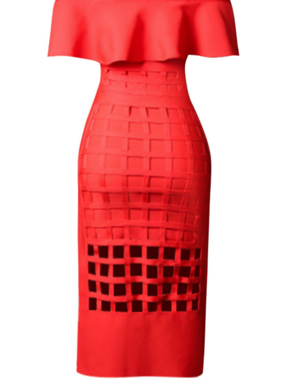 Layered Off-Shoulder Cutout Slit Midi Dress BLUE ZONE PLANET