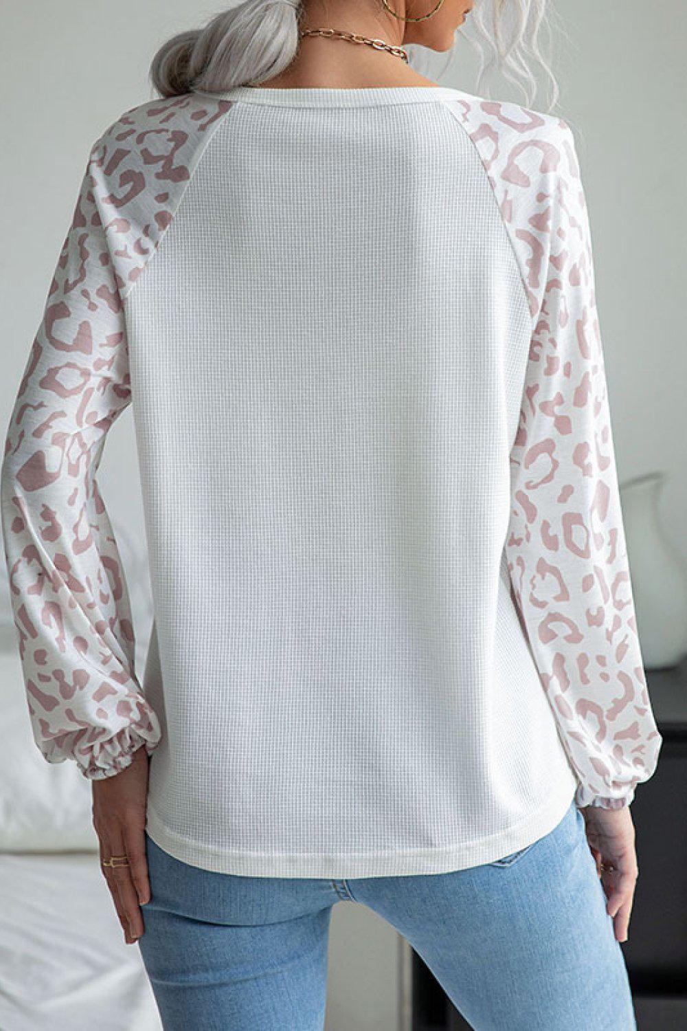 Leopard Baseball Sleeve Waffle Knit Tee BLUE ZONE PLANET