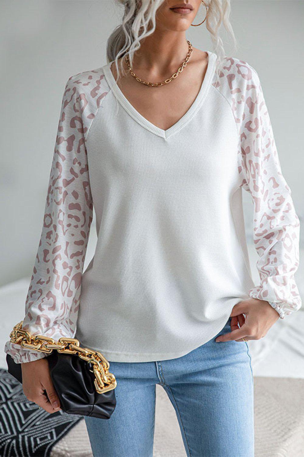 Leopard Baseball Sleeve Waffle Knit Tee BLUE ZONE PLANET