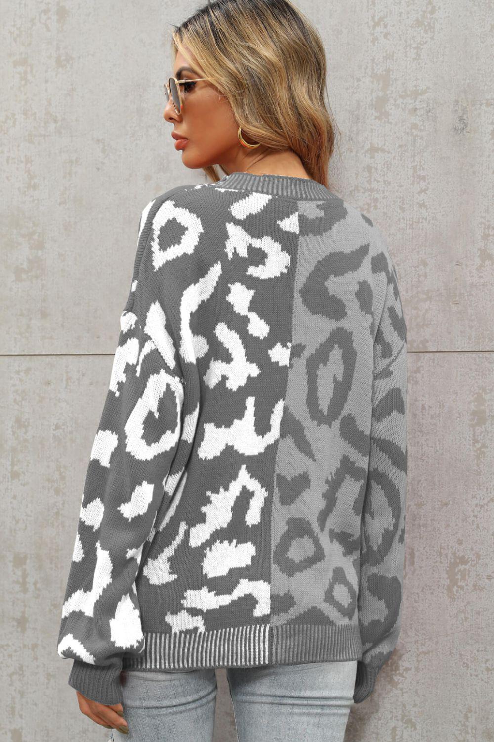 Leopard Button Front Ribbed Trim Cardigan BLUE ZONE PLANET