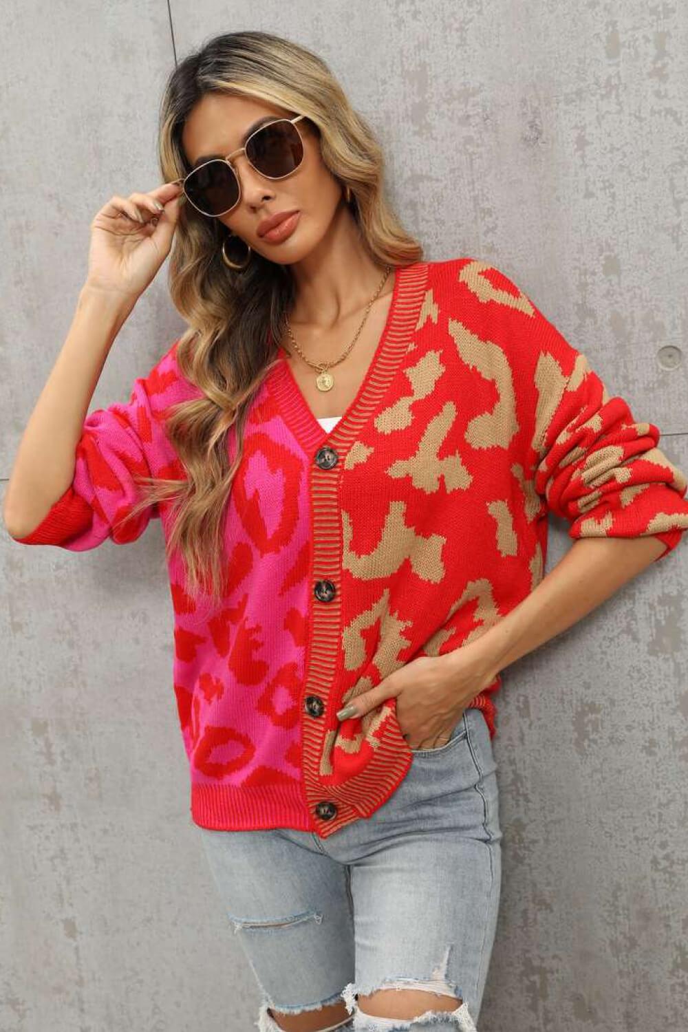 Leopard Button Front Ribbed Trim Cardigan BLUE ZONE PLANET