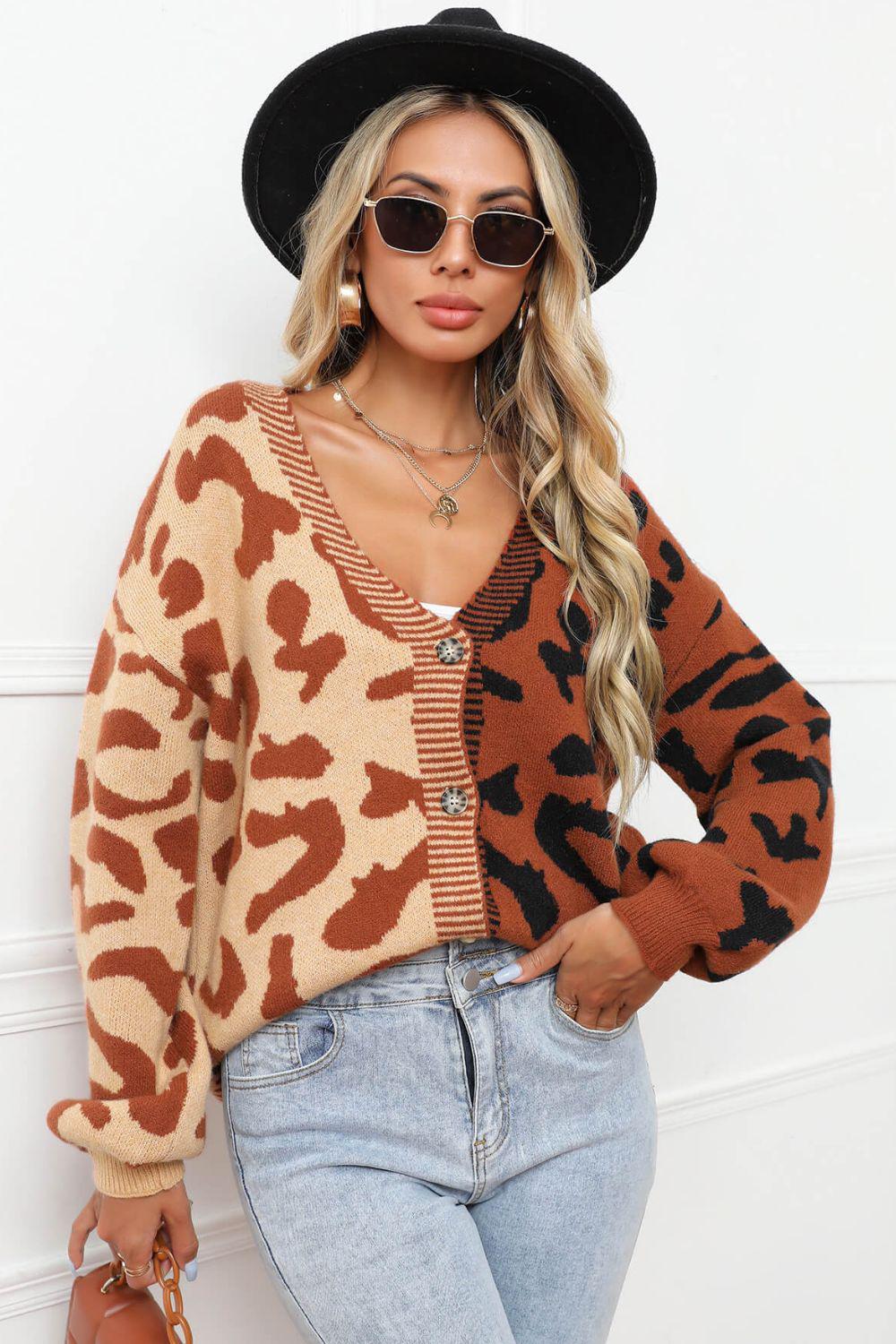 Leopard Button Front Ribbed Trim Cardigan BLUE ZONE PLANET