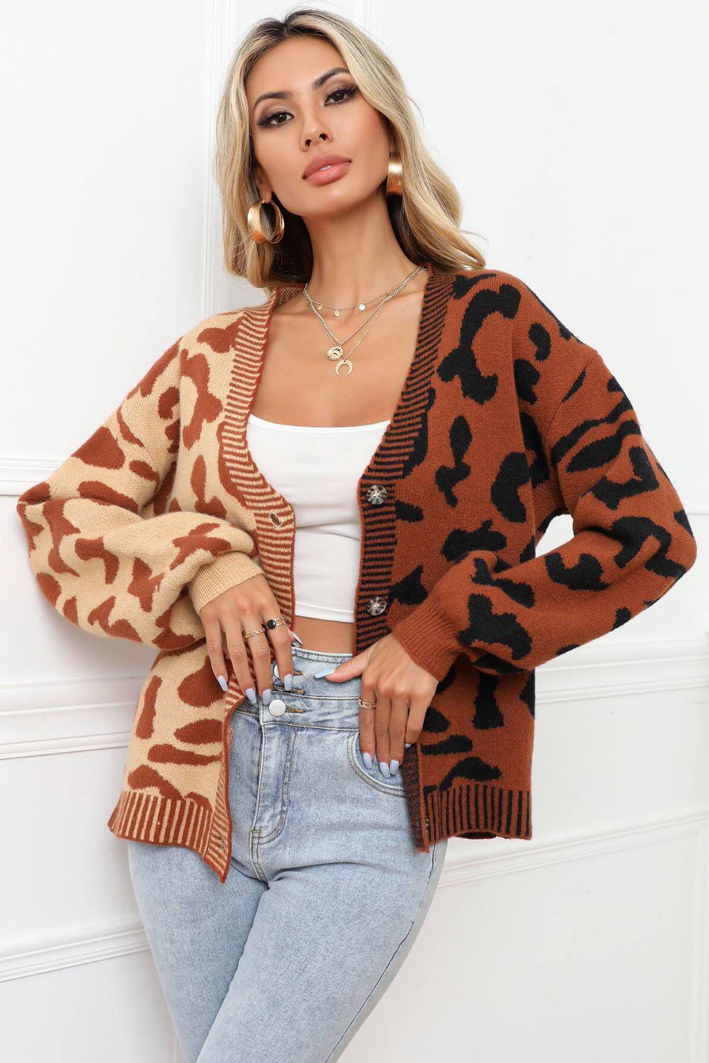 Leopard Button Front Ribbed Trim Cardigan BLUE ZONE PLANET