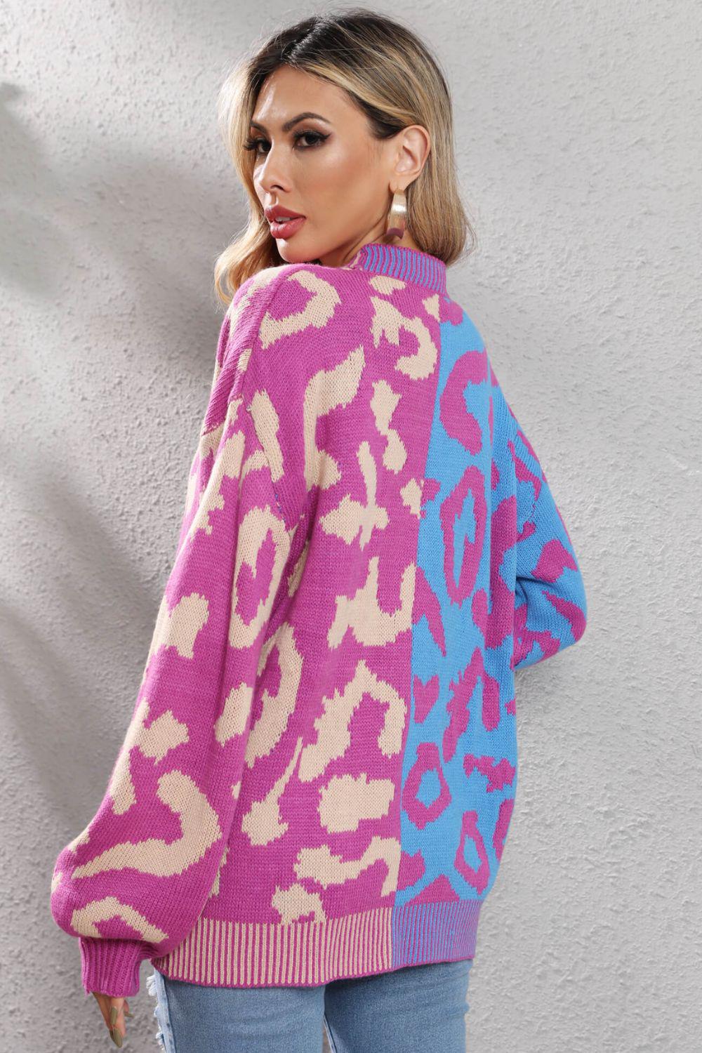 Leopard Button Front Ribbed Trim Cardigan BLUE ZONE PLANET