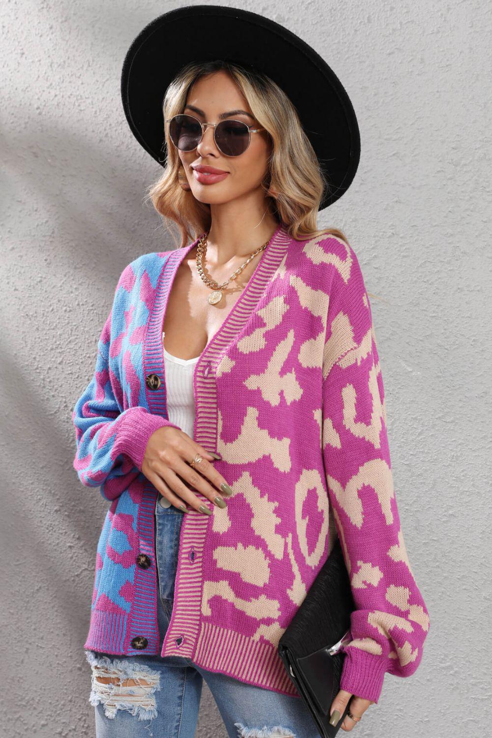 Leopard Button Front Ribbed Trim Cardigan BLUE ZONE PLANET