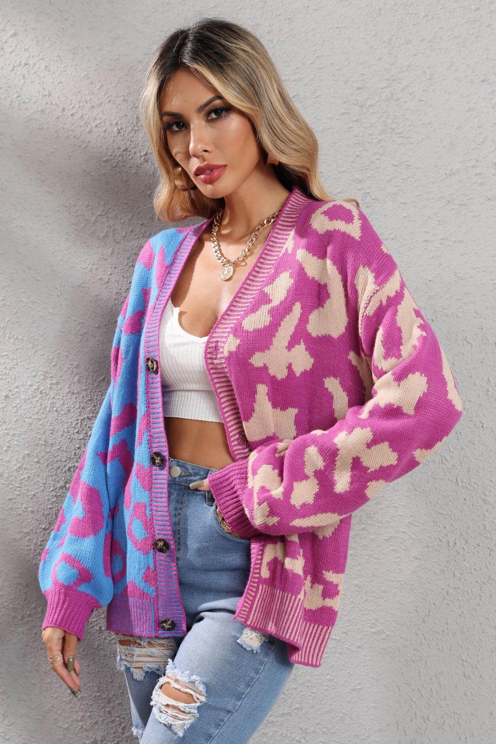 Leopard Button Front Ribbed Trim Cardigan BLUE ZONE PLANET