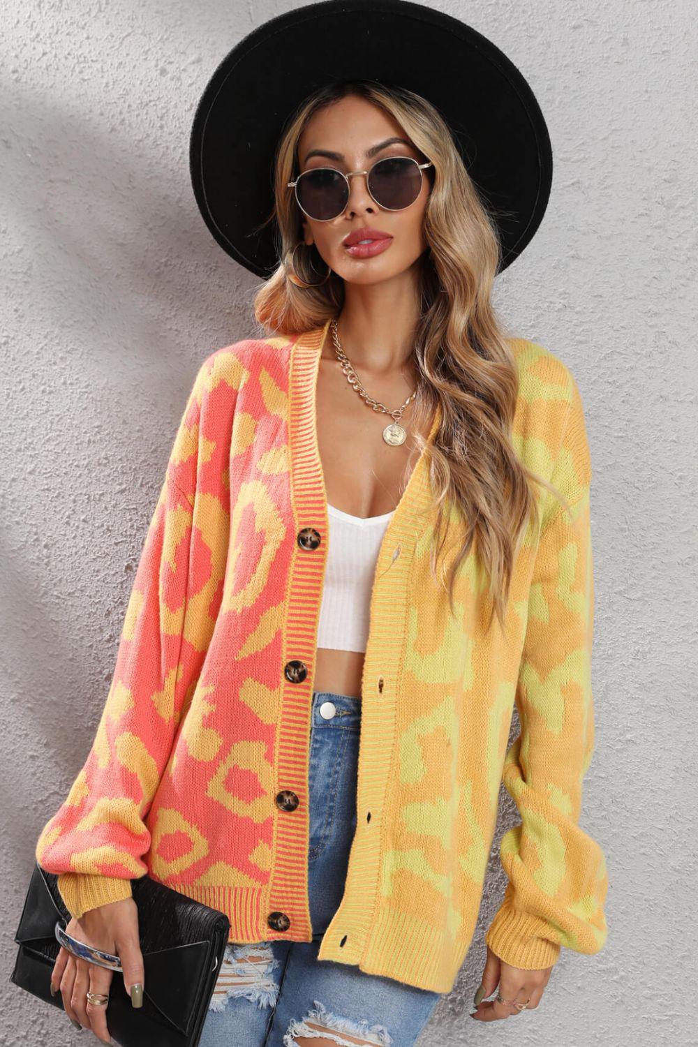 Leopard Button Front Ribbed Trim Cardigan BLUE ZONE PLANET
