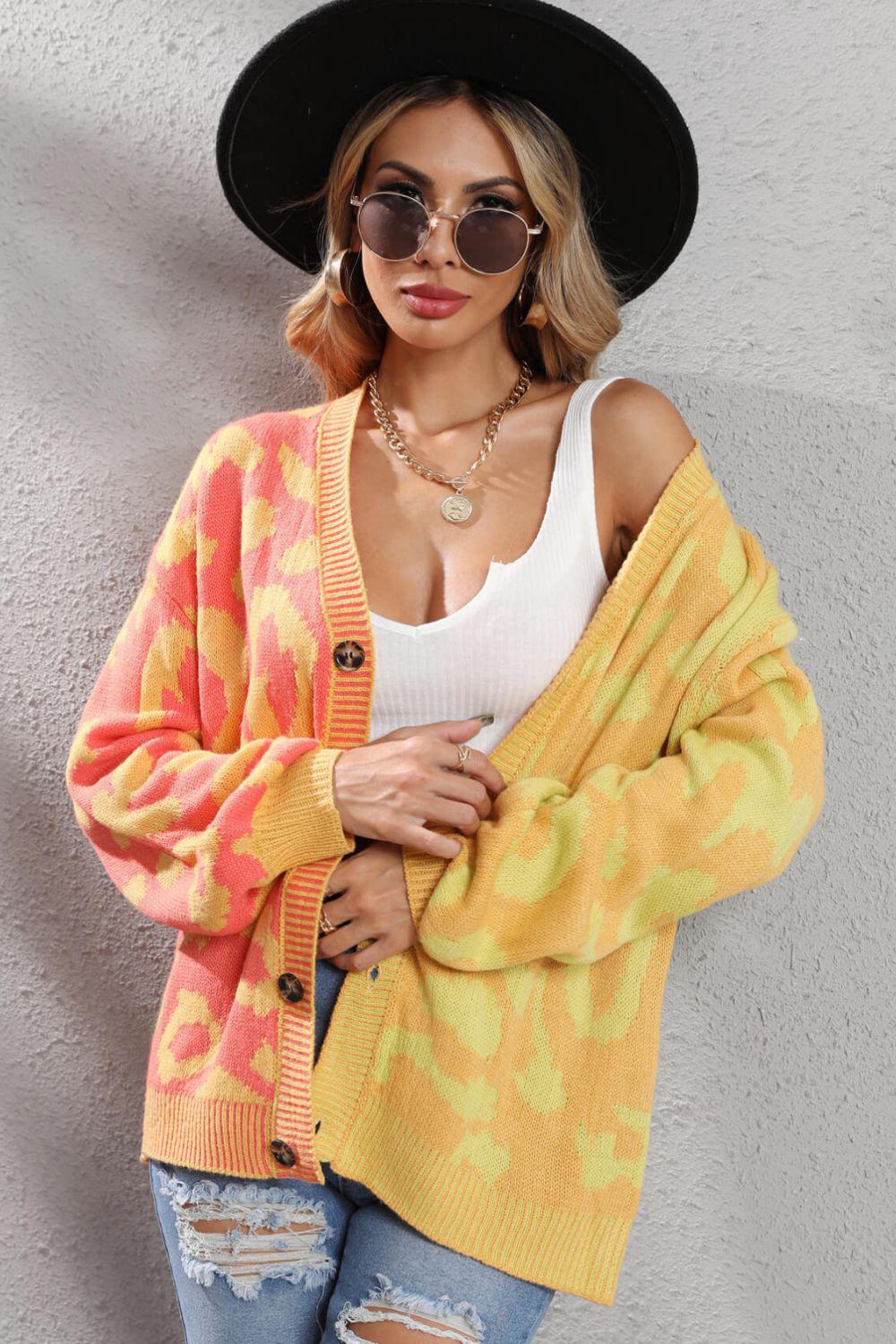 Leopard Button Front Ribbed Trim Cardigan BLUE ZONE PLANET