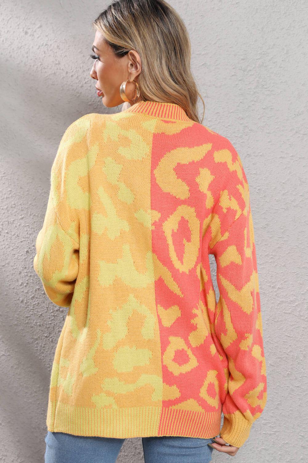 Leopard Button Front Ribbed Trim Cardigan BLUE ZONE PLANET