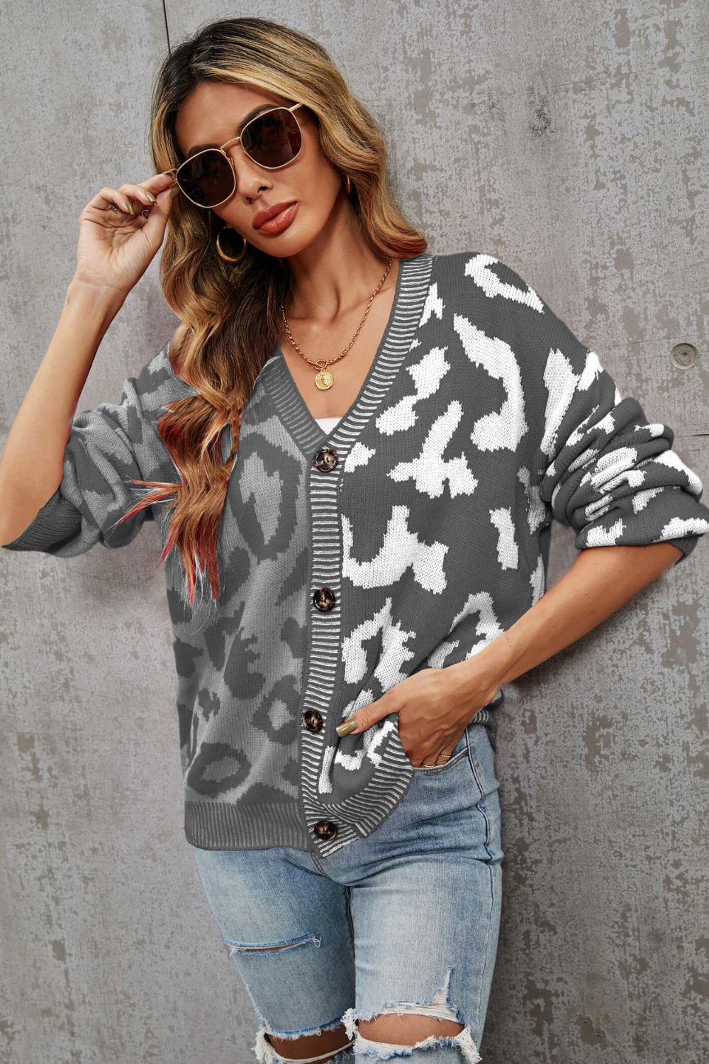 Leopard Button Front Ribbed Trim Cardigan BLUE ZONE PLANET