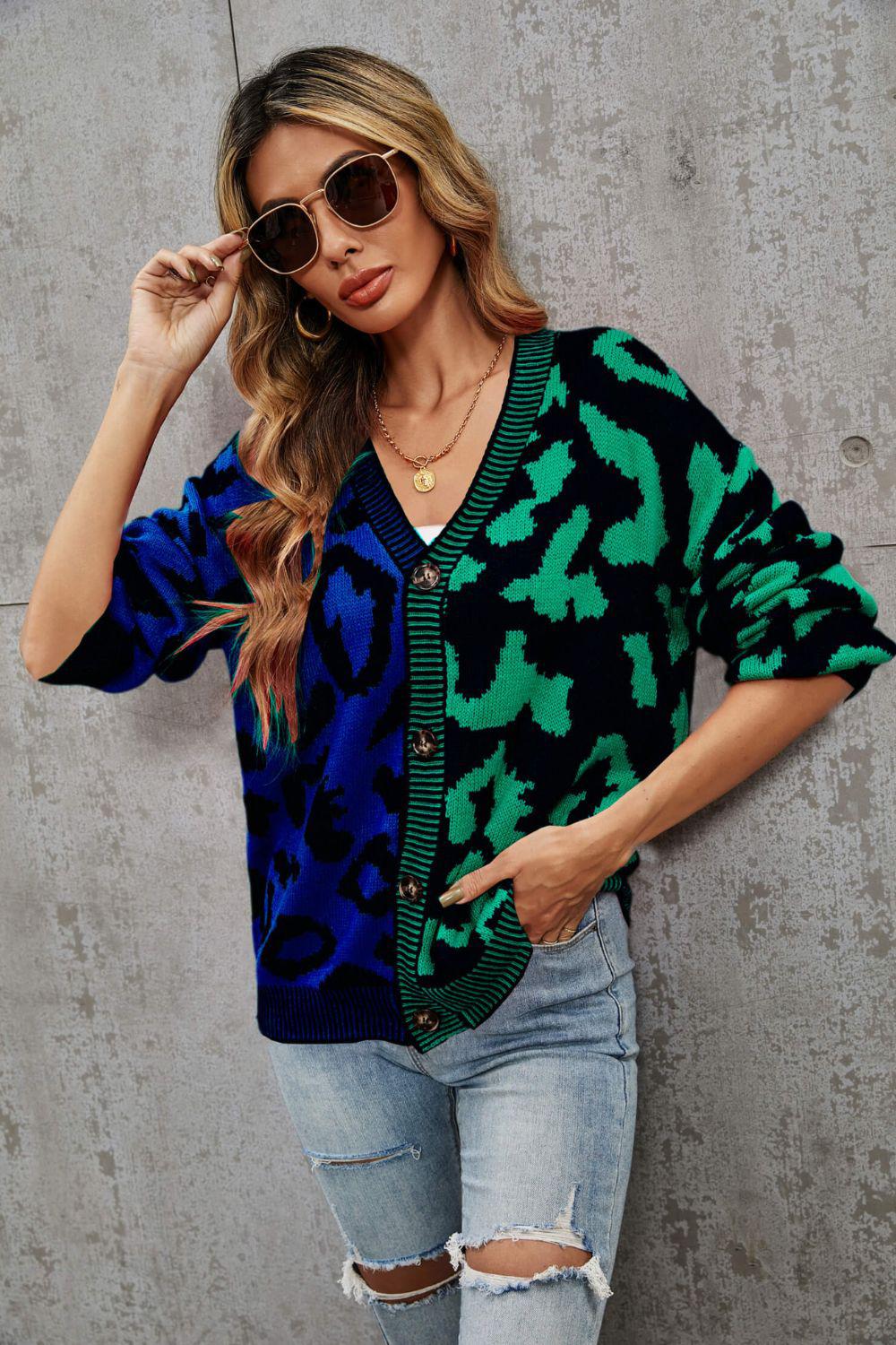 Leopard Button Front Ribbed Trim Cardigan BLUE ZONE PLANET