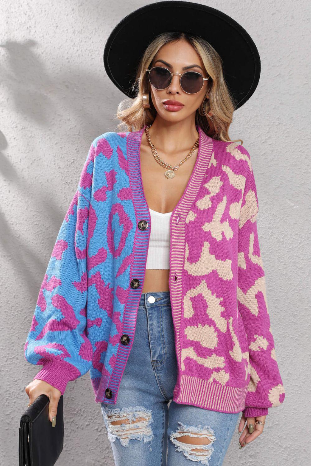 Leopard Button Front Ribbed Trim Cardigan BLUE ZONE PLANET