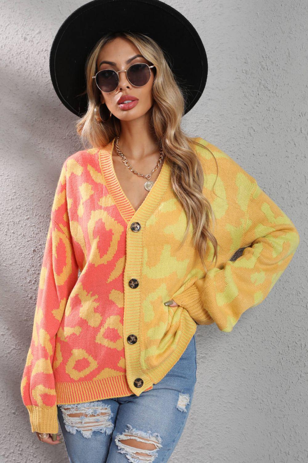Leopard Button Front Ribbed Trim Cardigan BLUE ZONE PLANET