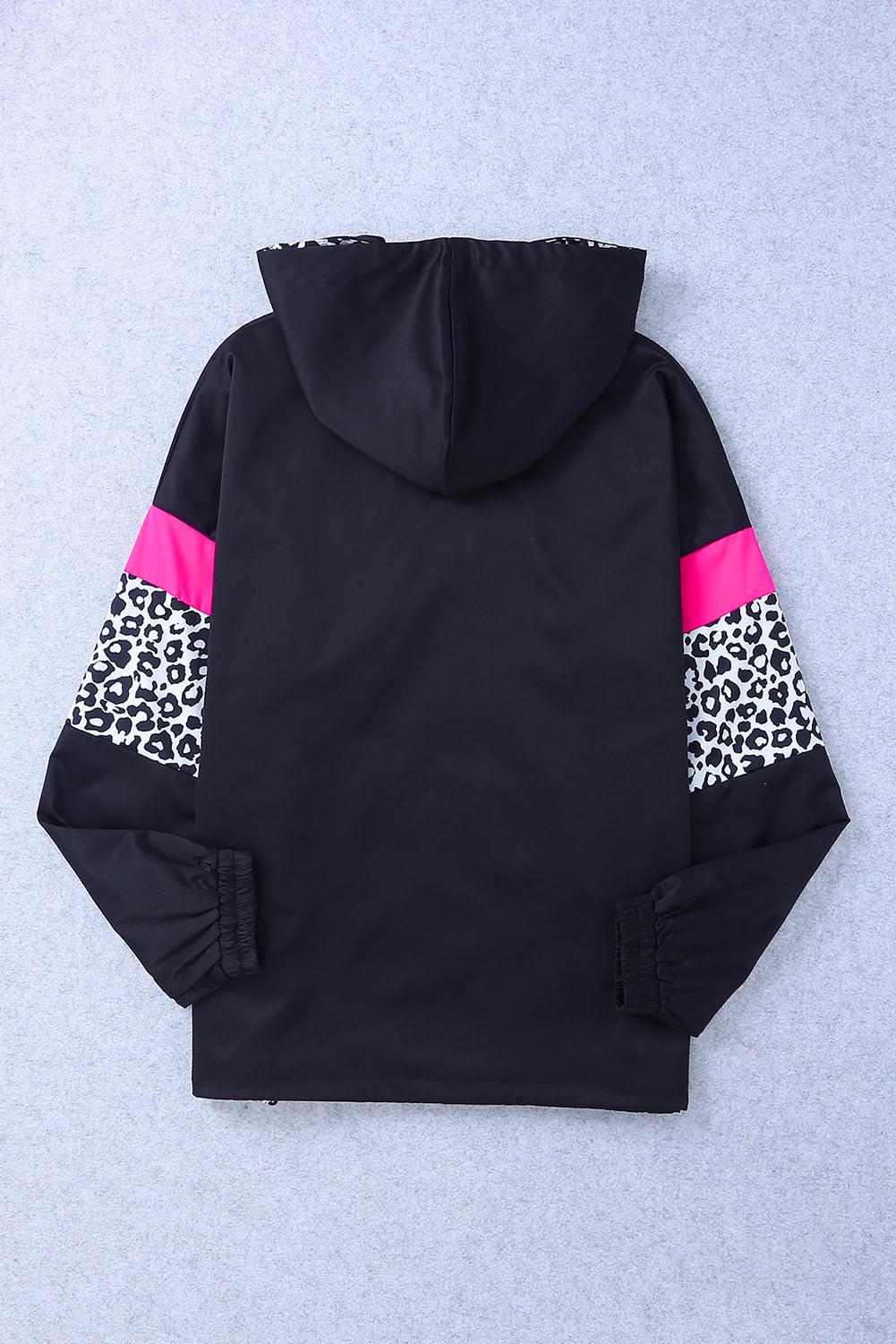 Leopard Color Block Zip-Up Hooded Jacket BLUE ZONE PLANET