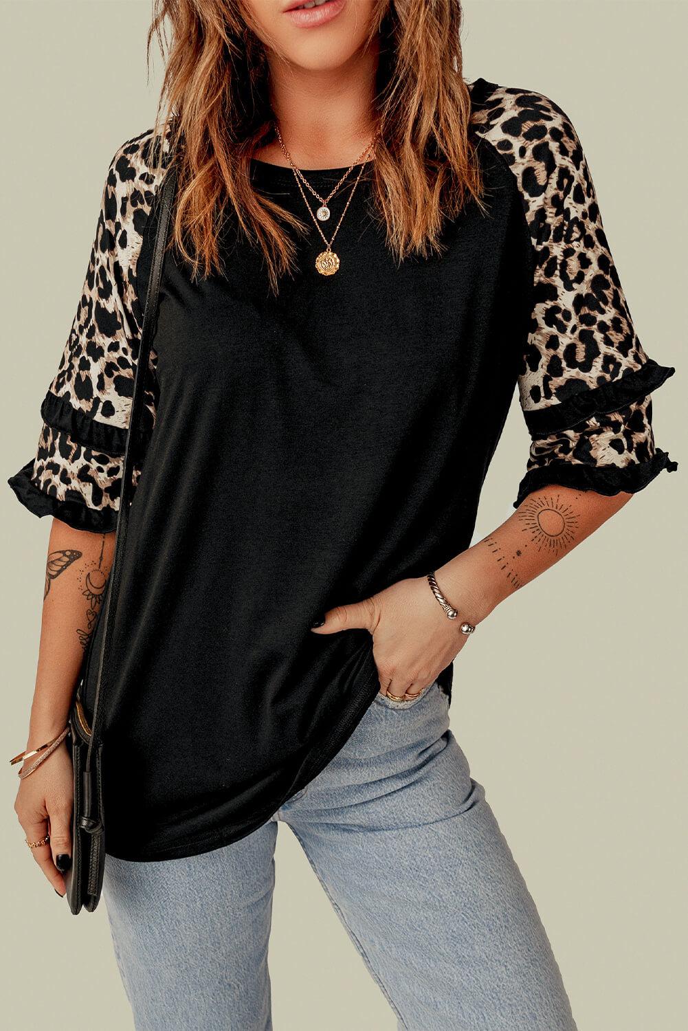 Leopard Contrast Ruffled Top BLUE ZONE PLANET