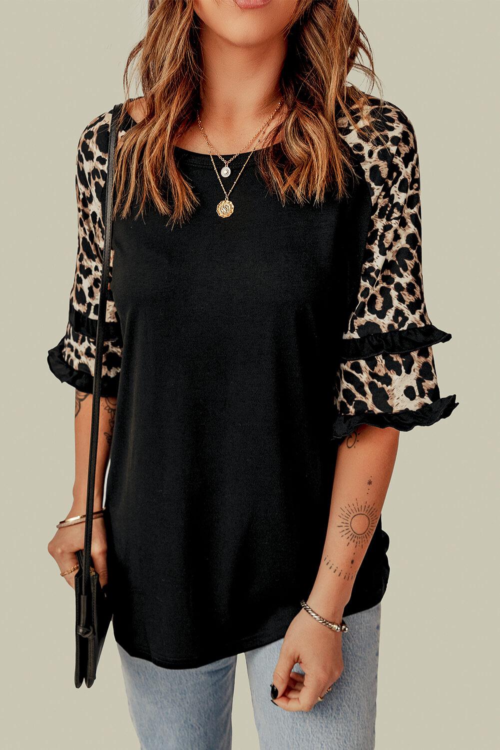 Leopard Contrast Ruffled Top BLUE ZONE PLANET