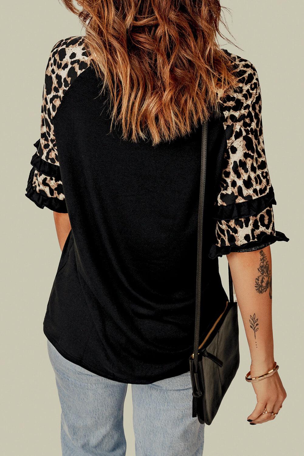 Leopard Contrast Ruffled Top BLUE ZONE PLANET