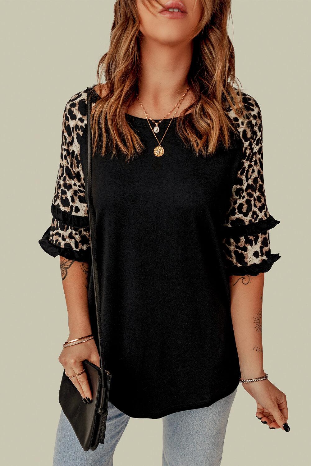 Leopard Contrast Ruffled Top BLUE ZONE PLANET