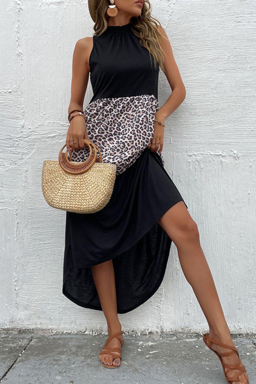 Leopard Contrast Sleeveless Maxi Dress BLUE ZONE PLANET