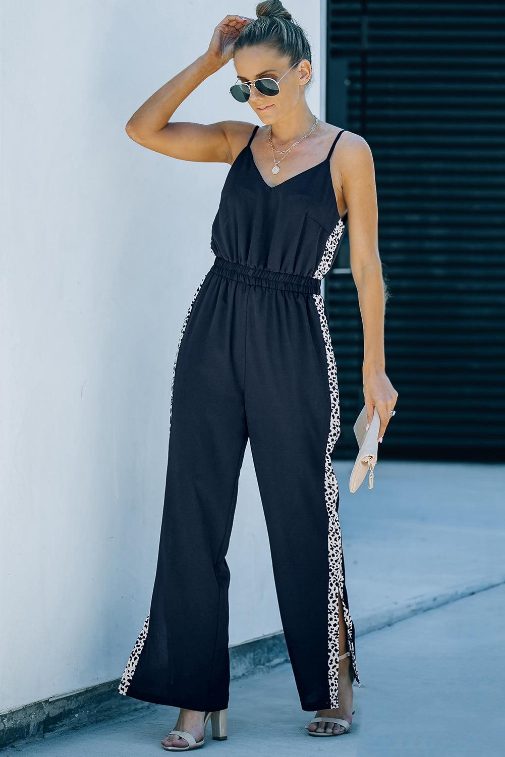 Leopard Contrast Spaghetti Strap Wide Leg Jumpsuit BLUE ZONE PLANET