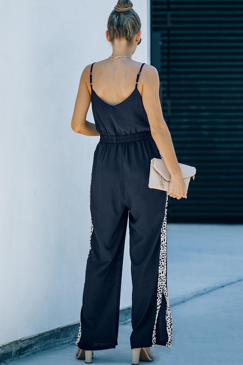 Leopard Contrast Spaghetti Strap Wide Leg Jumpsuit BLUE ZONE PLANET