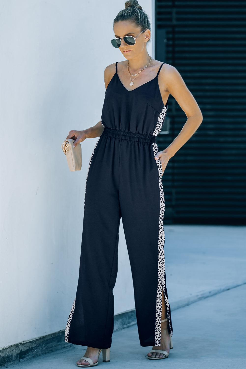 Leopard Contrast Spaghetti Strap Wide Leg Jumpsuit BLUE ZONE PLANET