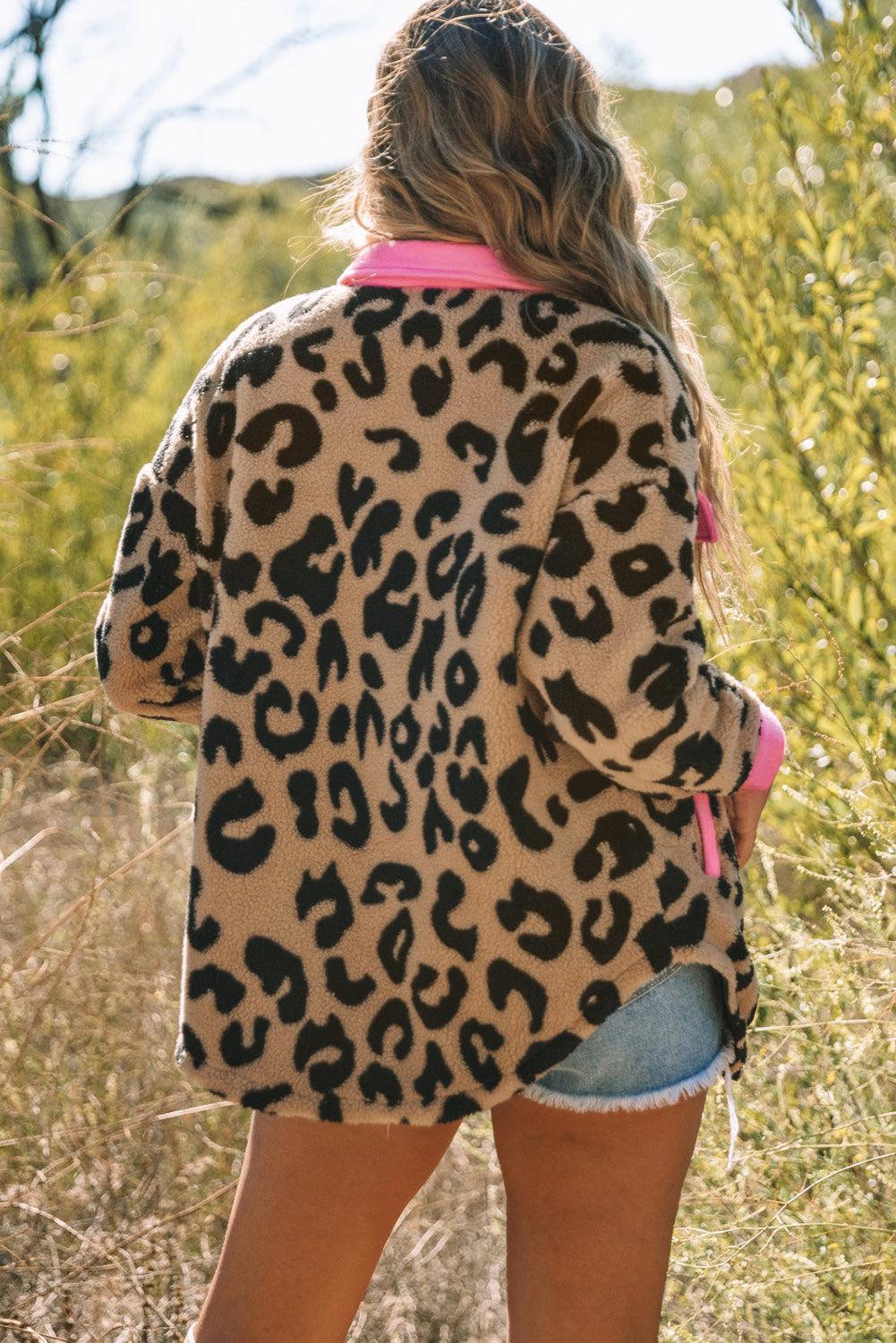 Leopard Contrast Teddy Shacket with Pockets BLUE ZONE PLANET
