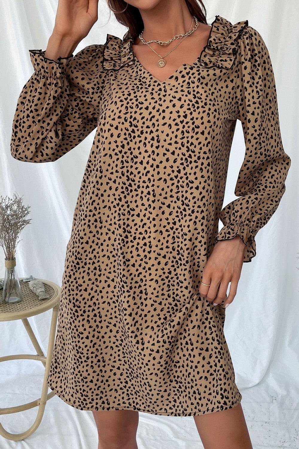Leopard Frill Trim V-Neck Mini Dress BLUE ZONE PLANET