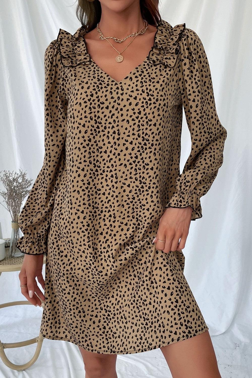 Leopard Frill Trim V-Neck Mini Dress BLUE ZONE PLANET