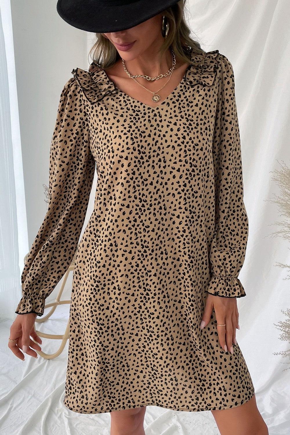 Leopard Frill Trim V-Neck Mini Dress BLUE ZONE PLANET