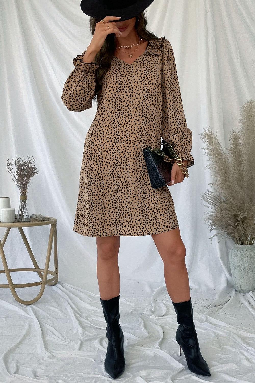 Leopard Frill Trim V-Neck Mini Dress BLUE ZONE PLANET