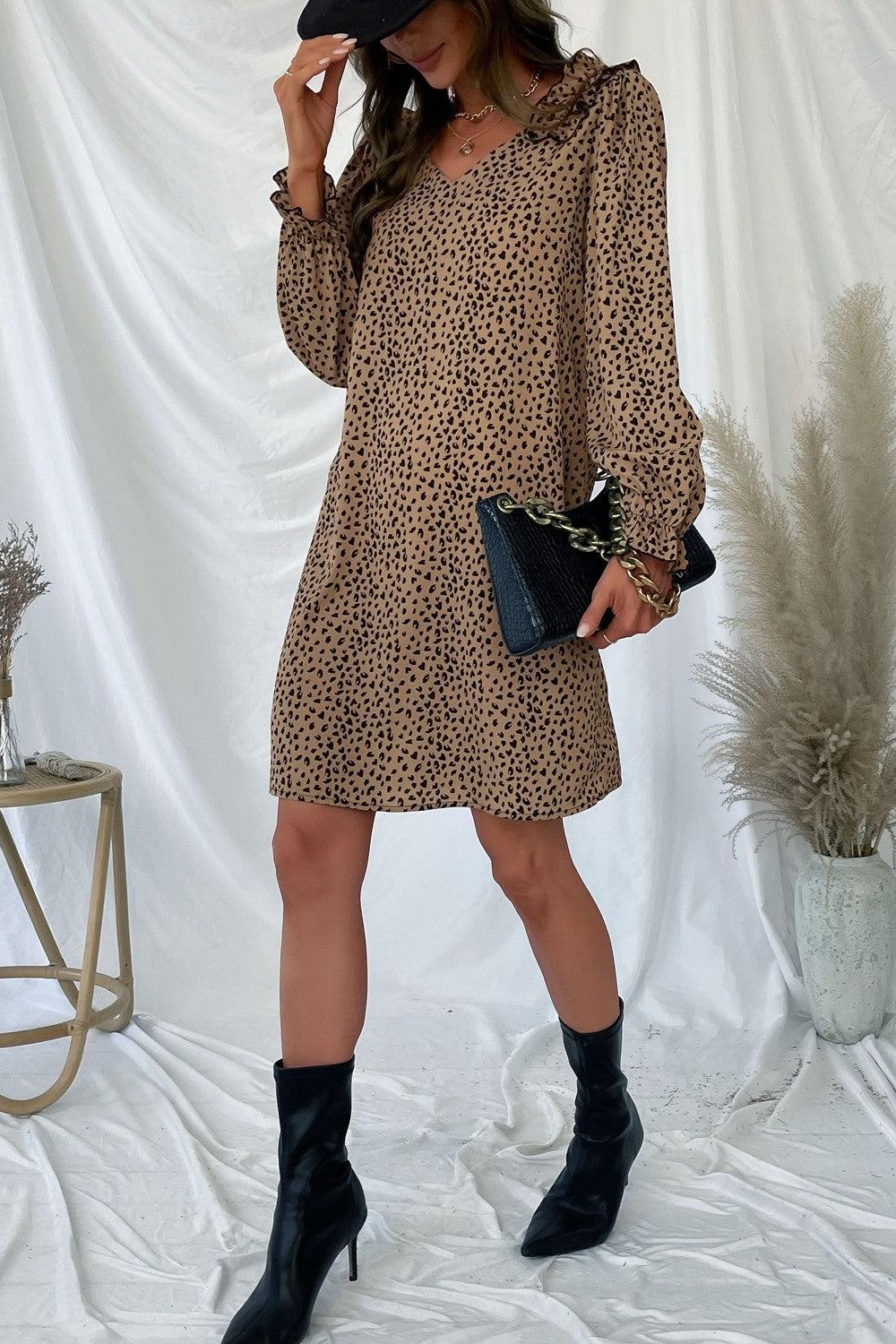 Leopard Frill Trim V-Neck Mini Dress BLUE ZONE PLANET