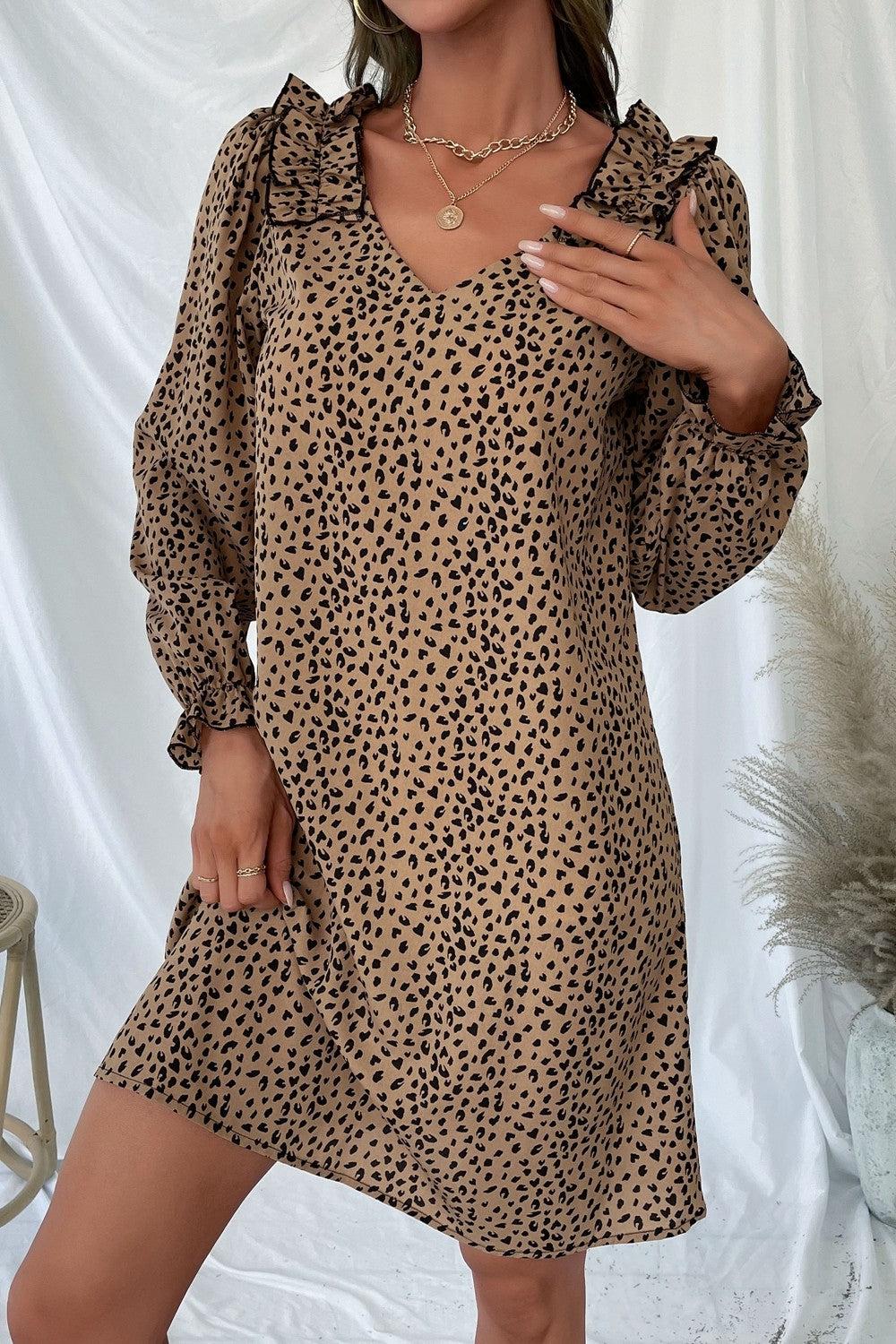 Leopard Frill Trim V-Neck Mini Dress BLUE ZONE PLANET