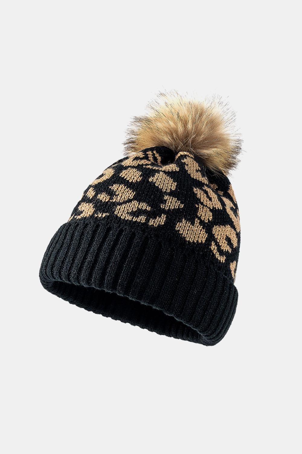 Leopard Pom-Pom Cuffed Beanie BLUE ZONE PLANET