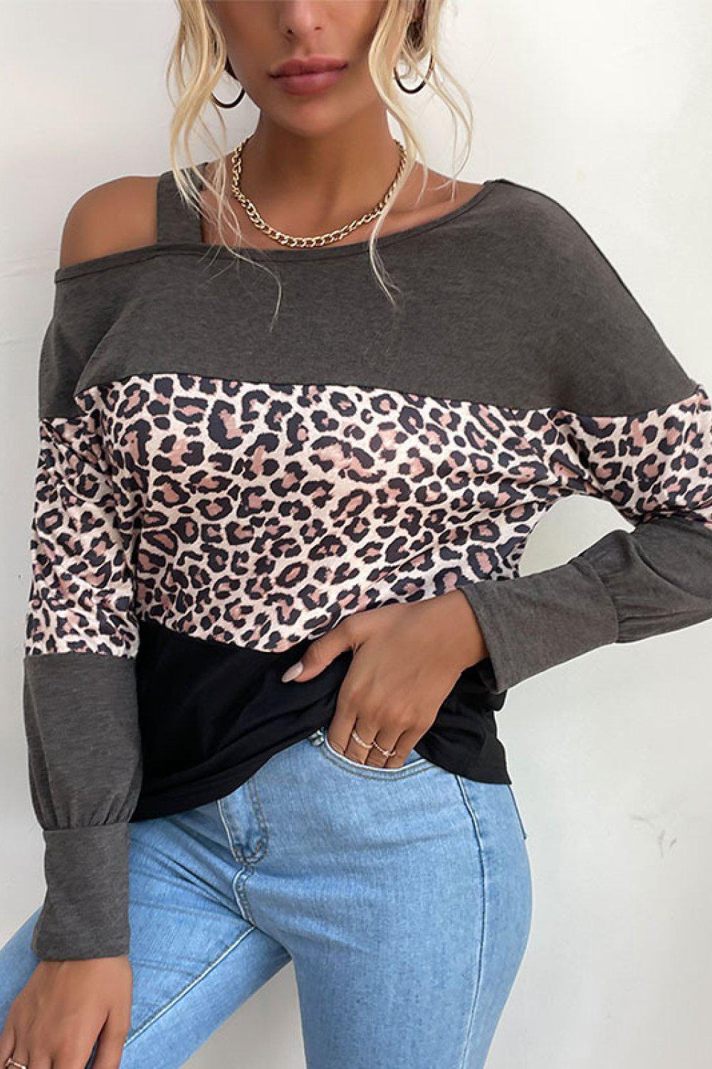 Leopard Print Color Block Cold Shoulder Top BLUE ZONE PLANET