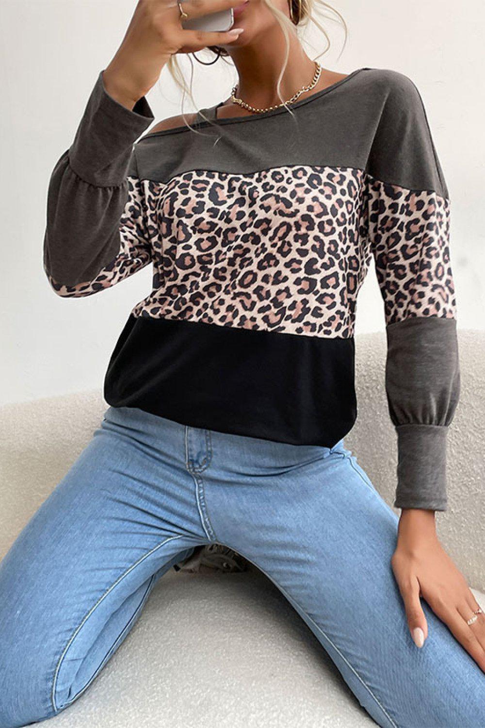 Leopard Print Color Block Cold Shoulder Top BLUE ZONE PLANET