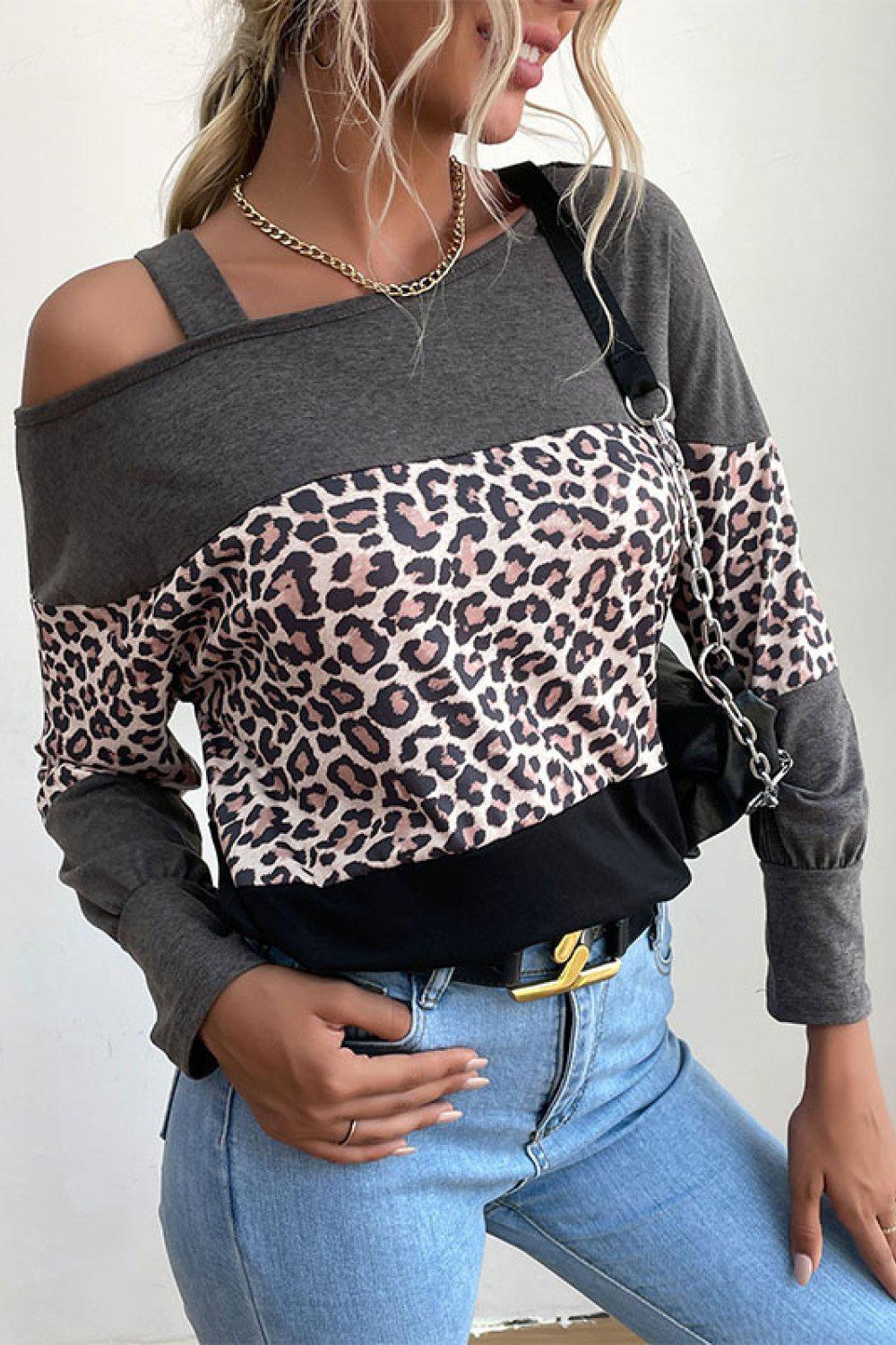 Leopard Print Color Block Cold Shoulder Top BLUE ZONE PLANET
