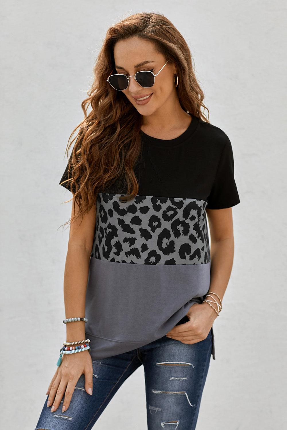 Leopard Print Color Block Short Sleeve T-Shirt BLUE ZONE PLANET