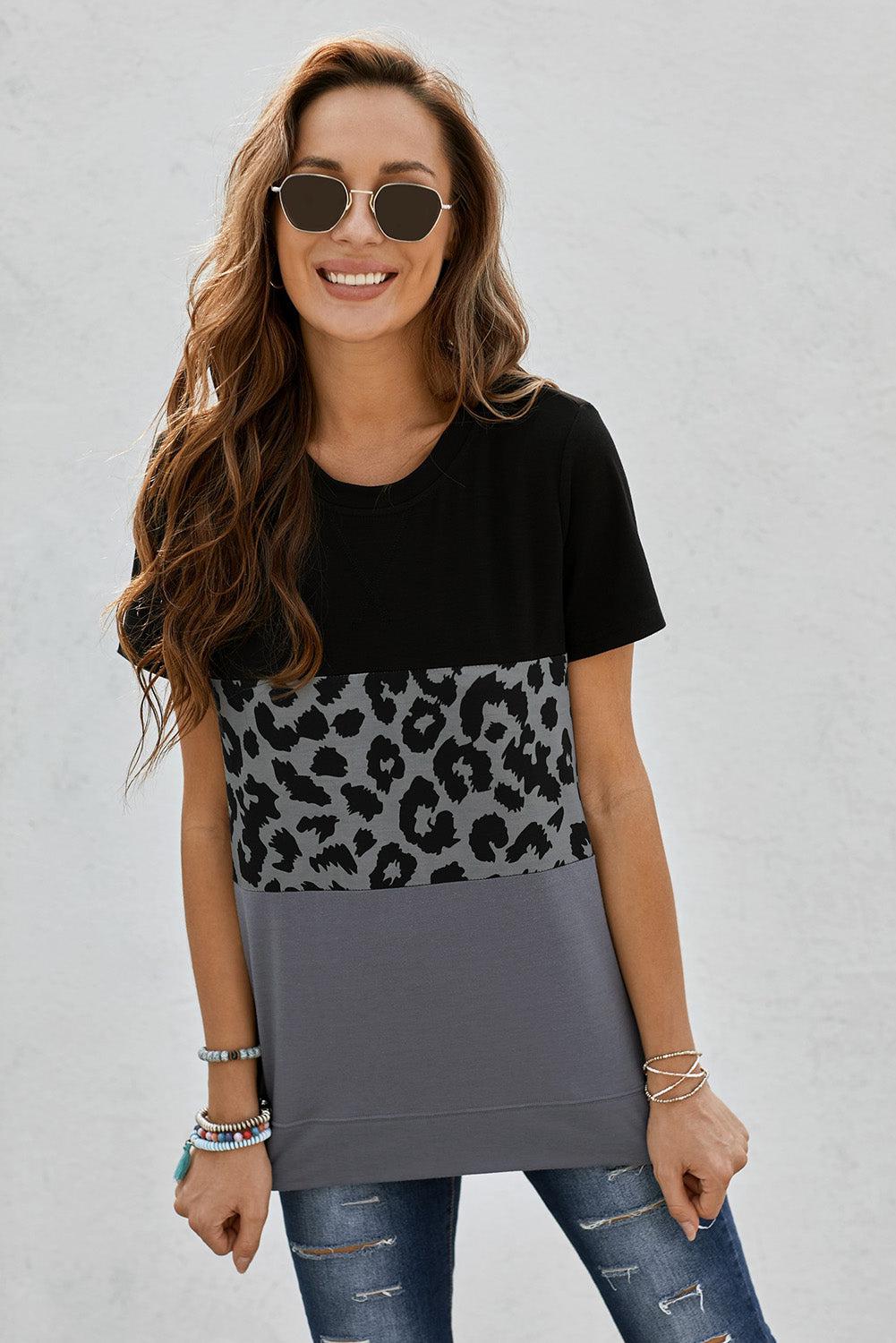 Leopard Print Color Block Short Sleeve T-Shirt BLUE ZONE PLANET