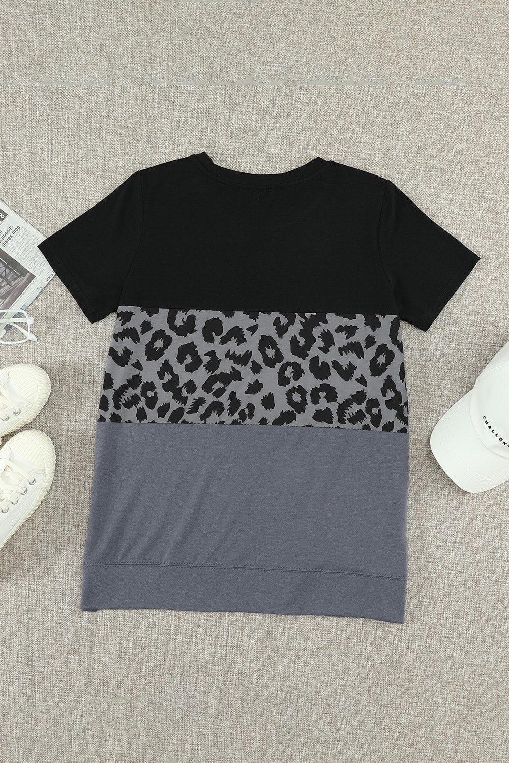 Leopard Print Color Block Short Sleeve T-Shirt BLUE ZONE PLANET