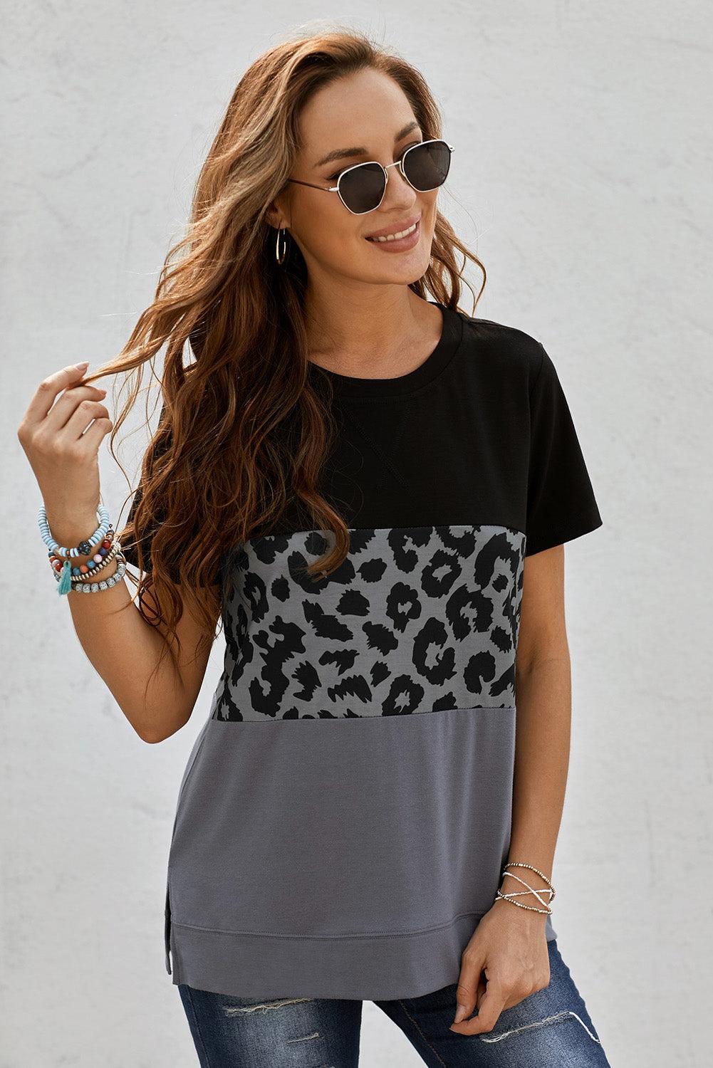 Leopard Print Color Block Short Sleeve T-Shirt BLUE ZONE PLANET