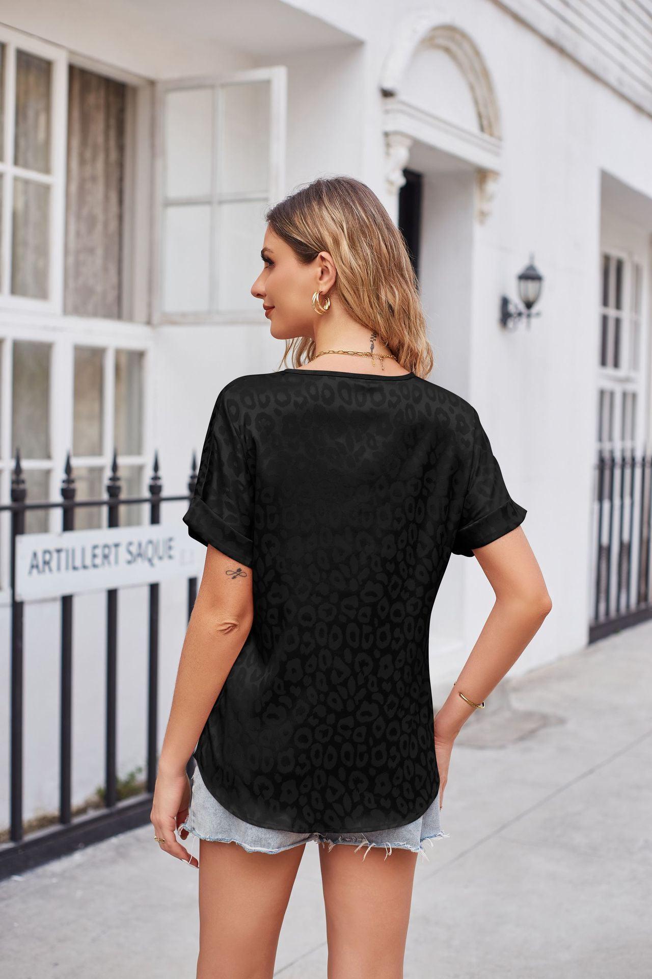 Leopard Print Curved Hem Satin Top BLUE ZONE PLANET