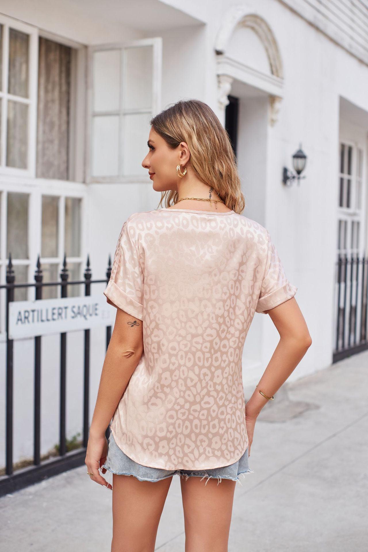 Leopard Print Curved Hem Satin Top BLUE ZONE PLANET