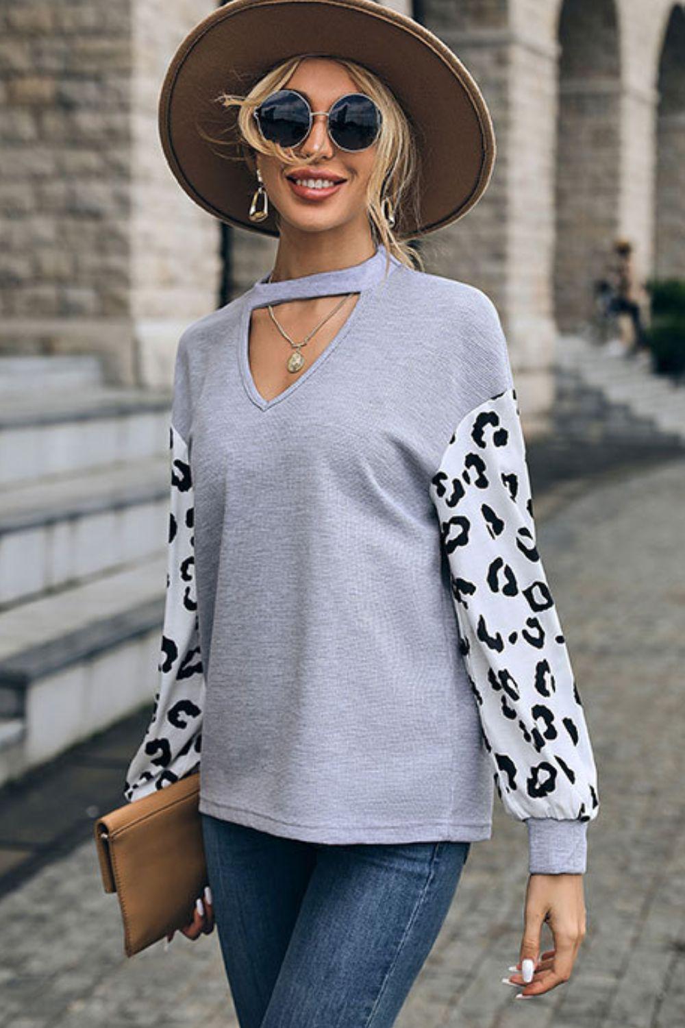 Leopard Print Cutout Long Sleeve Tee BLUE ZONE PLANET