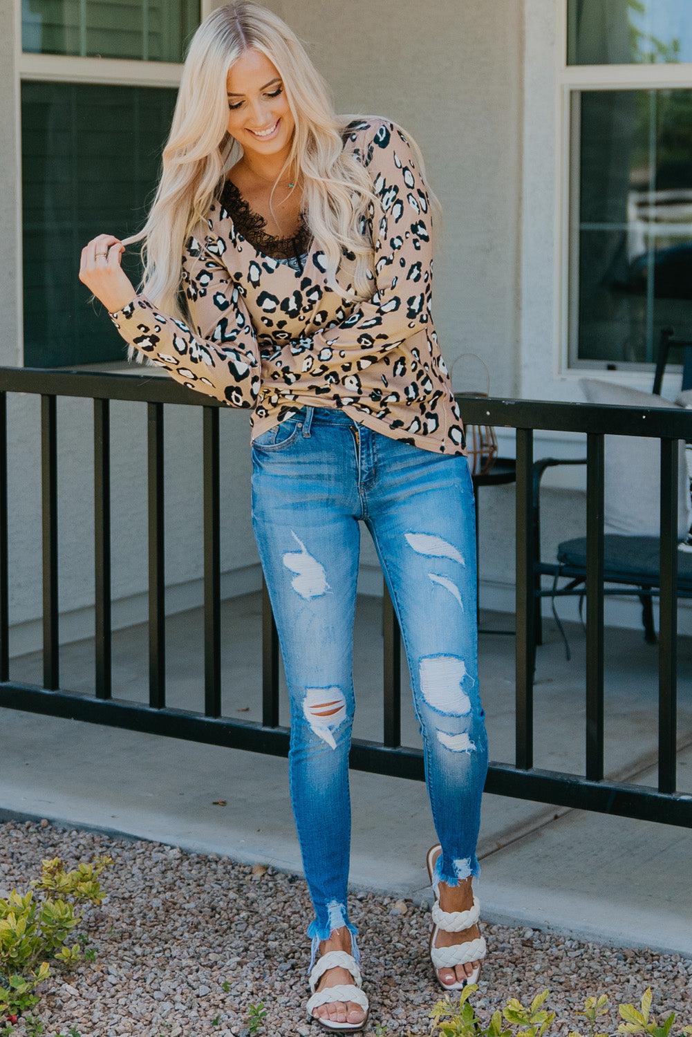 Leopard Print Lace Trim V-Neck Top BLUE ZONE PLANET