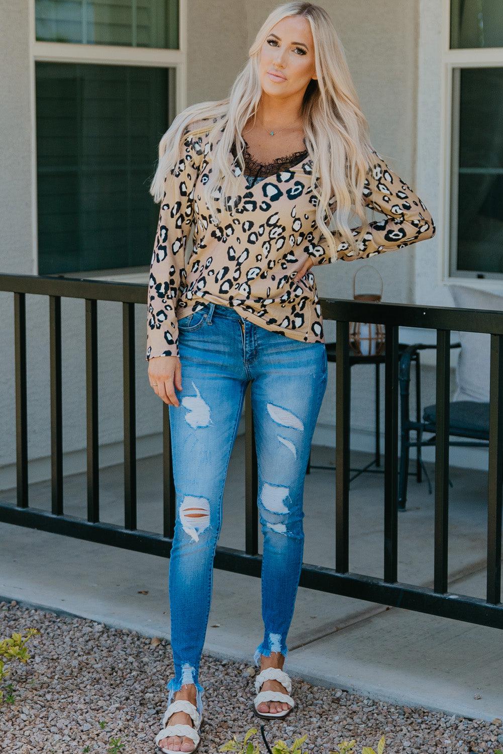 Leopard Print Lace Trim V-Neck Top BLUE ZONE PLANET