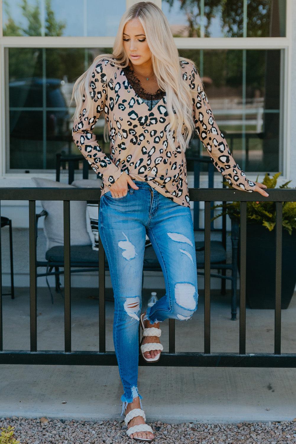 Leopard Print Lace Trim V-Neck Top BLUE ZONE PLANET